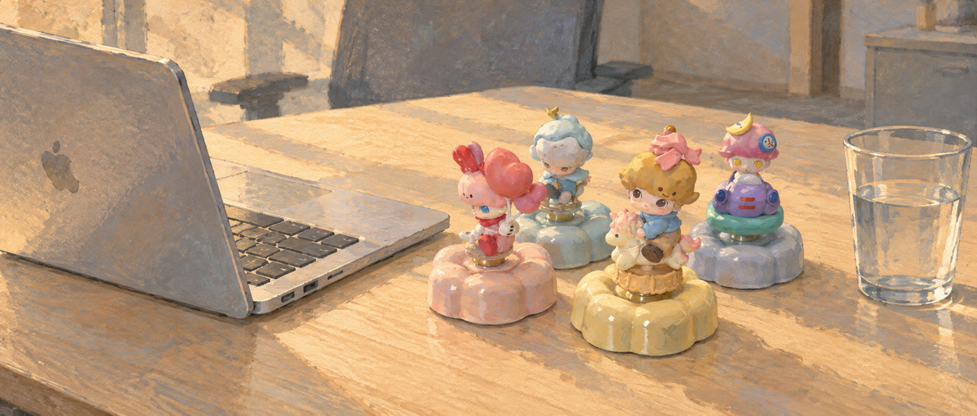暖色手绘插画：办公桌上的 MacBook、四个小摆件和水杯。 A warm hand-painted illustration of my desk, with a MacBook, four figurines, and a glass of water.